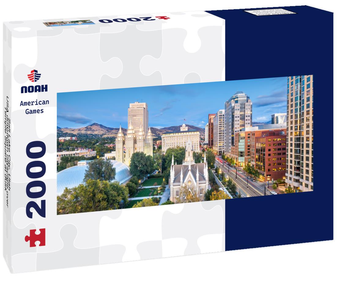 Salt Lake City, Utah, USA downtown cityscape over Temple Square at dusk 2000pc Panoramic Puzzle