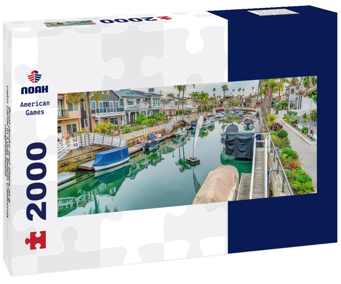 Noah Jigsaw Puzzle Boat docks and stairs at a calm canal in Long beach California neighborhood panorama 2000 pieces