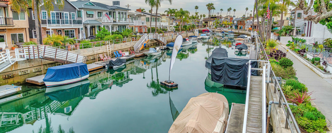 Noah Jigsaw Puzzle Boat docks and stairs at a calm canal in Long beach California neighborhood panorama 2000 pieces
