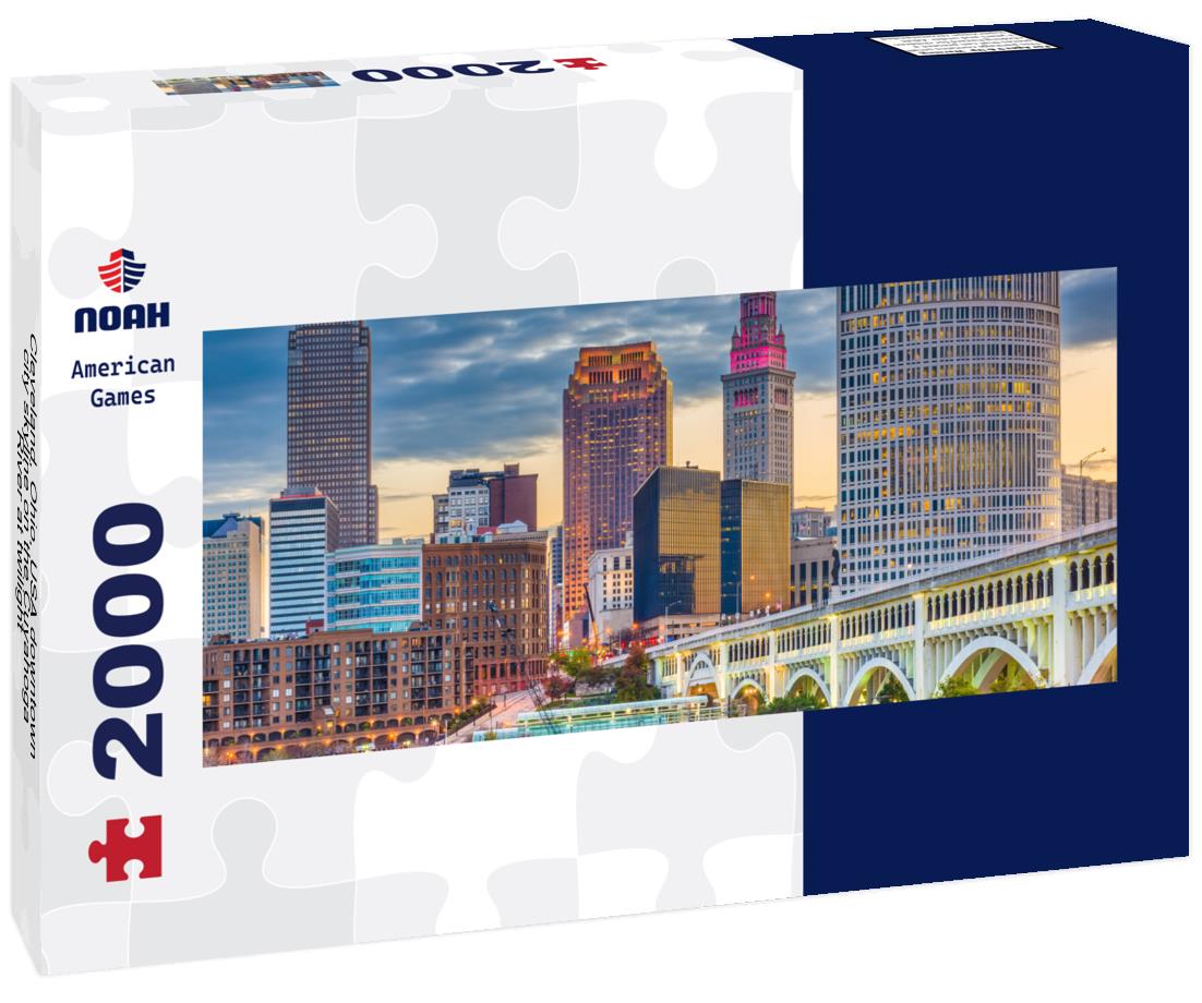 Cleveland, Ohio, USA downtown city skyline on the Cuyahoga River at twilight 2000pc Panoramic Puzzle