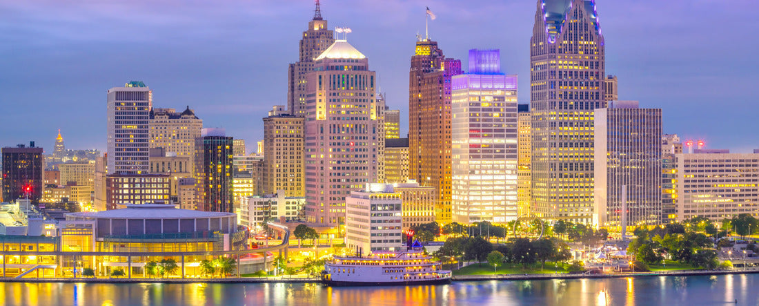 Detroit skyline in Michigan, USA at sunset shot from Windsor, Ontario Canada 2000pc Panoramic Puzzle