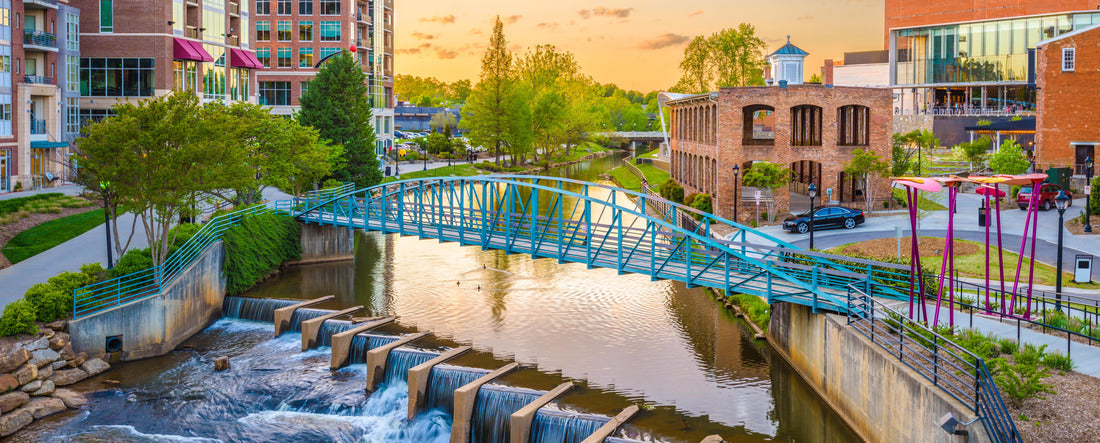 Greenville, South Carolina, USA downtown cityscape on the Reedy River at dusk 2000pc Panoramic Puzzle
