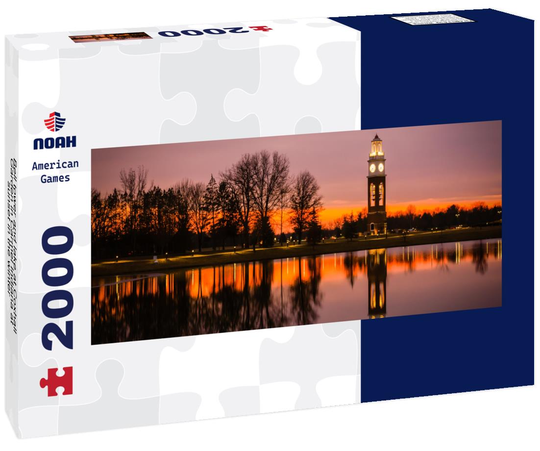 Bell tower and lake at Coxhall Garden in Carmel Indiana at sunset in the winter 2000pc Panoramic Puzzle