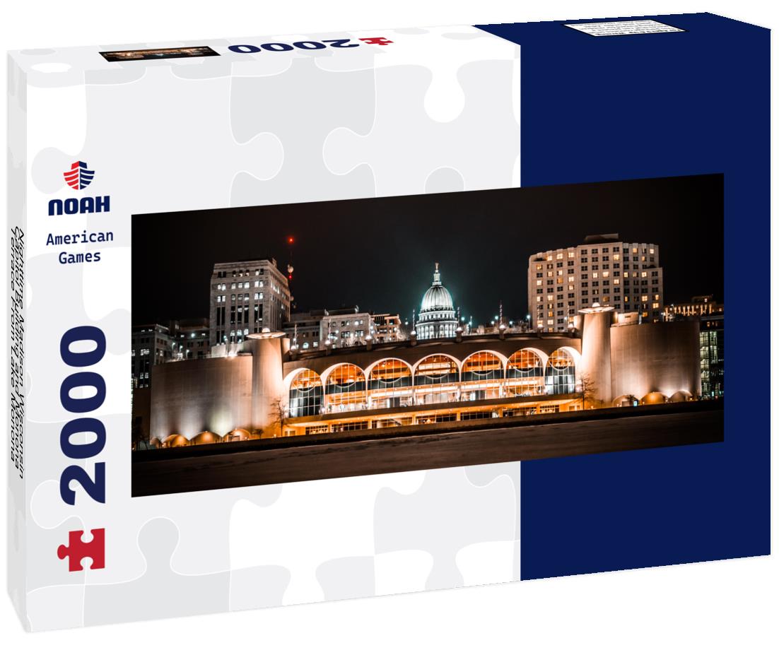 Nighttime Madison Wisconsin Capitol Building and Monona Terrace From Lake Monona 2000pc Panoramic Puzzle