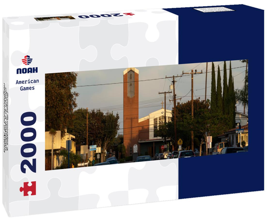 Sunset illuminates a church in a downtown neighborhood of Artesia, California, USA 2000pc Panoramic Puzzle