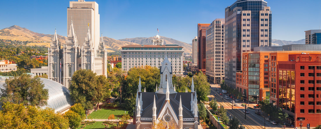 Salt Lake City, Utah, USA downtown cityscape over Temple Square with autumn foliage 2000pc Panoramic Puzzle