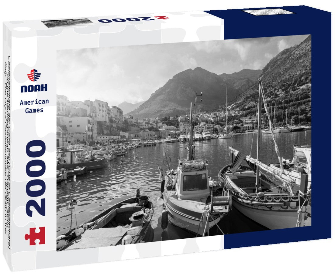 Noah Jigsaw Puzzle Castellammare del Golfo city (Gulf of Castellammare) on the Mediterranean Sea, Trapany, Sicily, Italy. The city of Castellammare del Golfo in the province of Trapani in Sicily Italy in black white 2000 pieces
