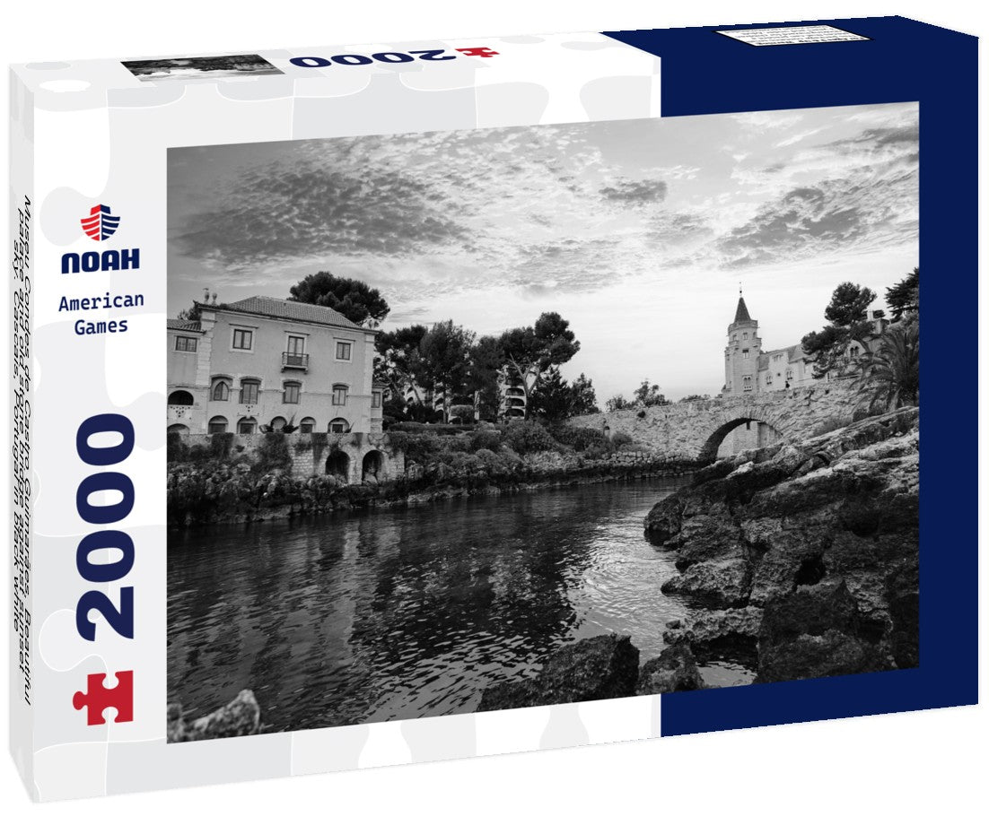 Noah Jigsaw Puzzle Museu Condes de Castro Guimarães, Beautiful palace and old stone bridge against sunset sky. Cascais, Portugal in black white 2000 pieces