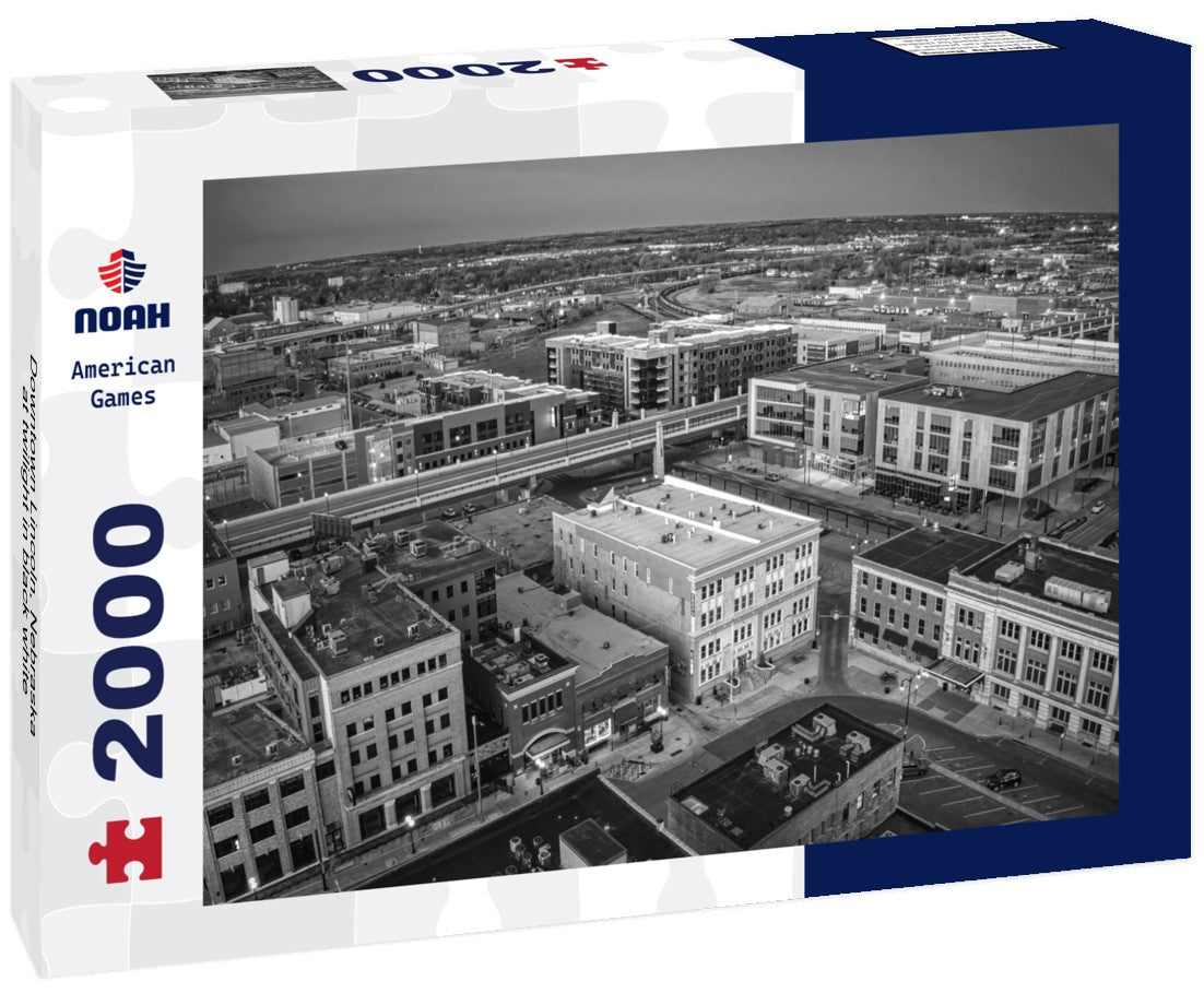 Noah Jigsaw Puzzle Downtown Lincoln, Nebraska at twilight in black white 2000 pieces