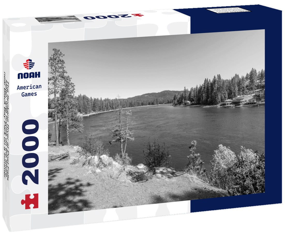Noah Jigsaw Puzzle The Spokane River at Post Falls, Idaho, with homes on the shore near Black Bay Park on a summer day in black white 2000 pieces