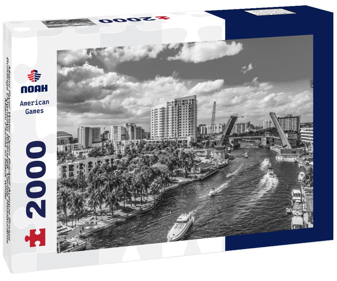 Noah Jigsaw Puzzle Miami River Water Open Brickell Avenue Bridge Buildings Downtown Riverwalk Yachts Restaurants Miami Florida in black white 2000 pieces