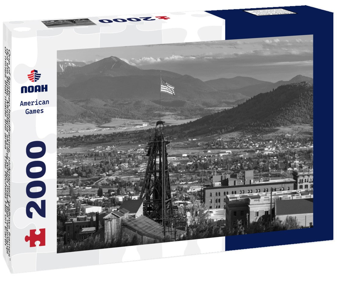 Noah Jigsaw Puzzle One of fourteen headframes, nicknamed “gallows frames”, dot the Butte, Montana skyline which mark the remnants of mines that made the area “The Richest Hill on Earth” in the early 1900's in black white 2000 pieces