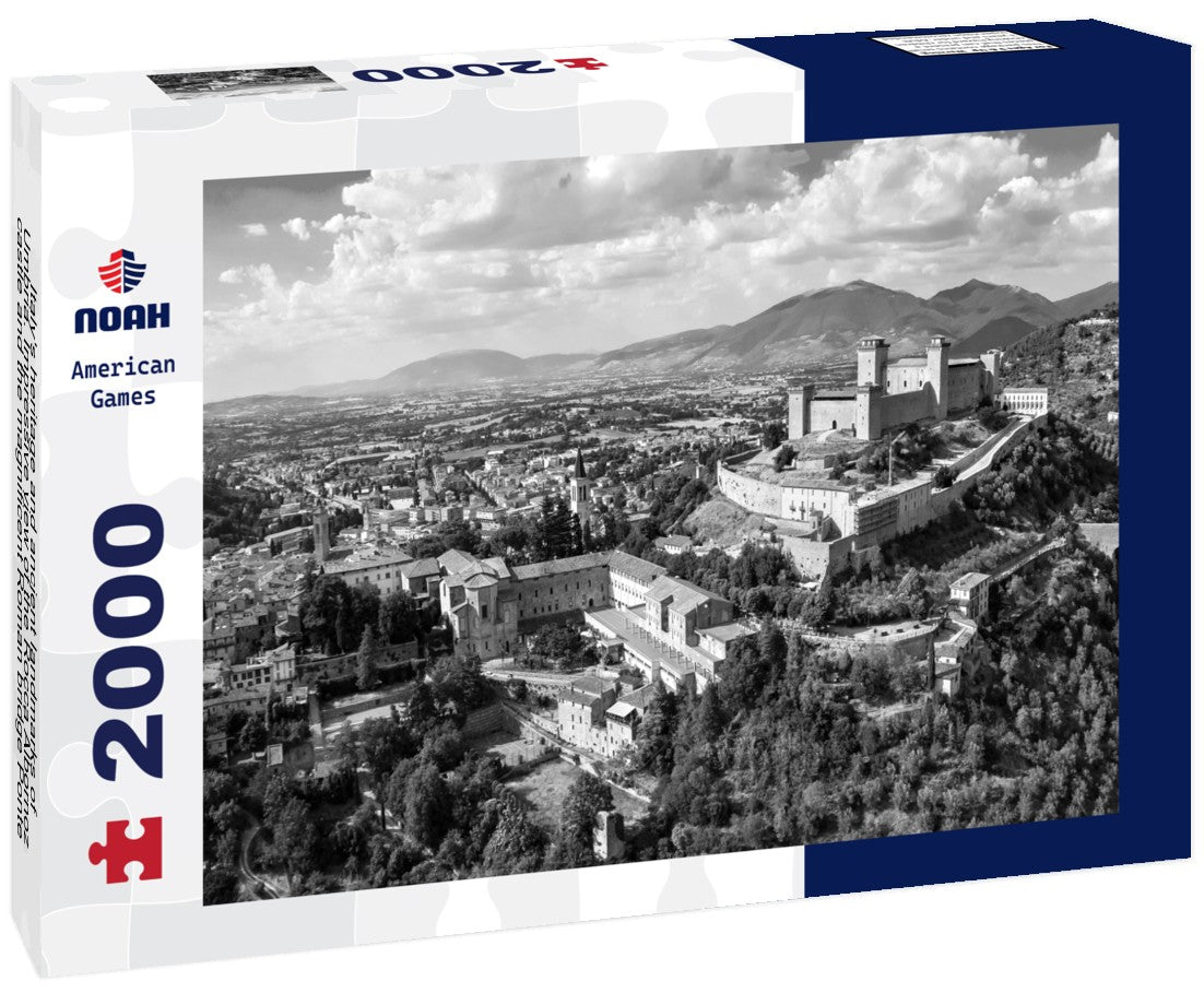 Noah Jigsaw Puzzle Italy's heritage and ancient landmarks of Umbria. Impressive view of the Rocca Albornoz castle and the magnificent Roman bridge Ponte delle Torri. in black white 2000 pieces