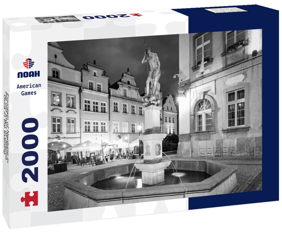 Noah Jigsaw Puzzle Fountain of Neptune in the old town of Jelenia Gora in the evening, Poland in black white 2000 pieces