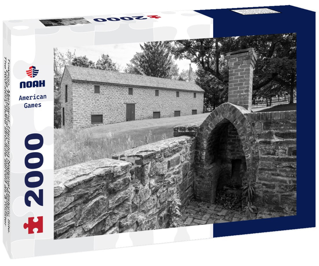 Noah Jigsaw Puzzle Towson, Maryland: Hampton National Historic Site. Long House granary and outdoor fireplace. The two-story stone structure served as a rooster hut and granary during historic times. in black white 2000 pieces