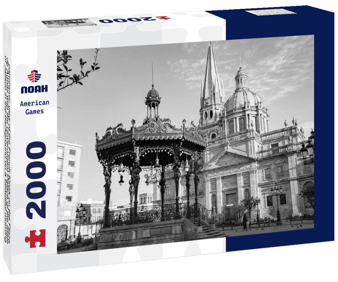 Noah Jigsaw Puzzle panoramic view of the French Kiosk on the Plaza de Armas with the Government Palace of the State of Jalisco in the background on a beautiful morning, Guadalajara in black white 2000 pieces