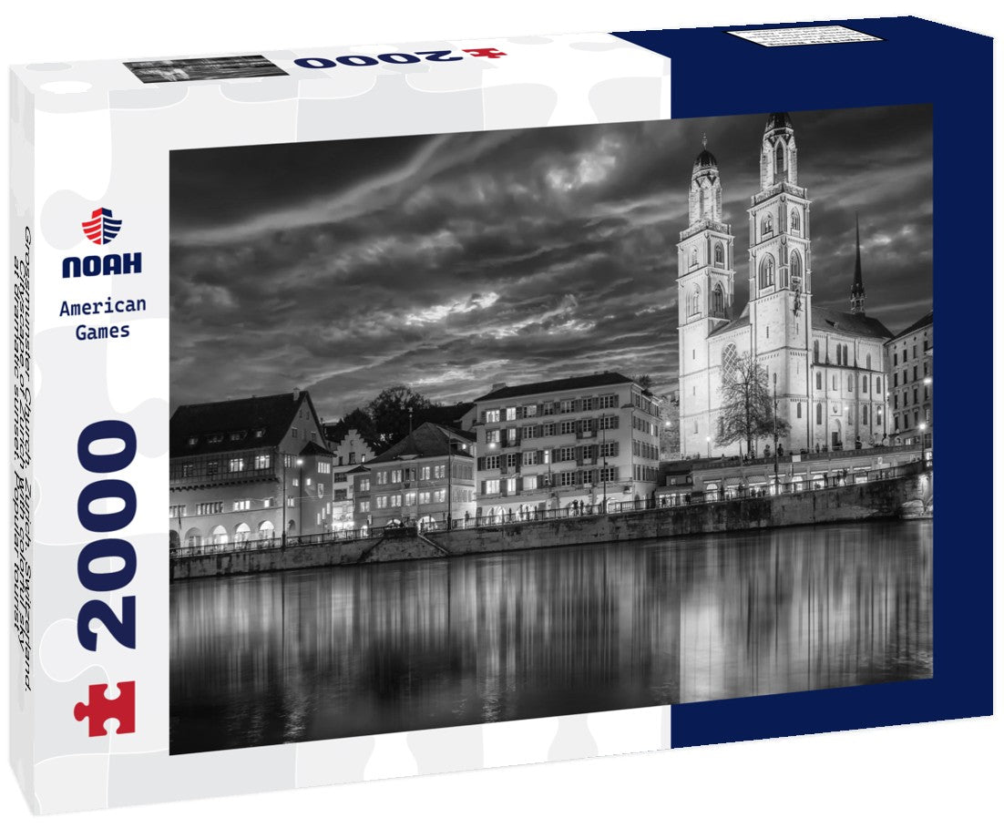 Noah Jigsaw Puzzle Grossmunster Church. Zurich. Switzerland. Cityscape of Zurich with colorful sky, at dramatic sunset. Popular tourist destination in black white 2000 pieces