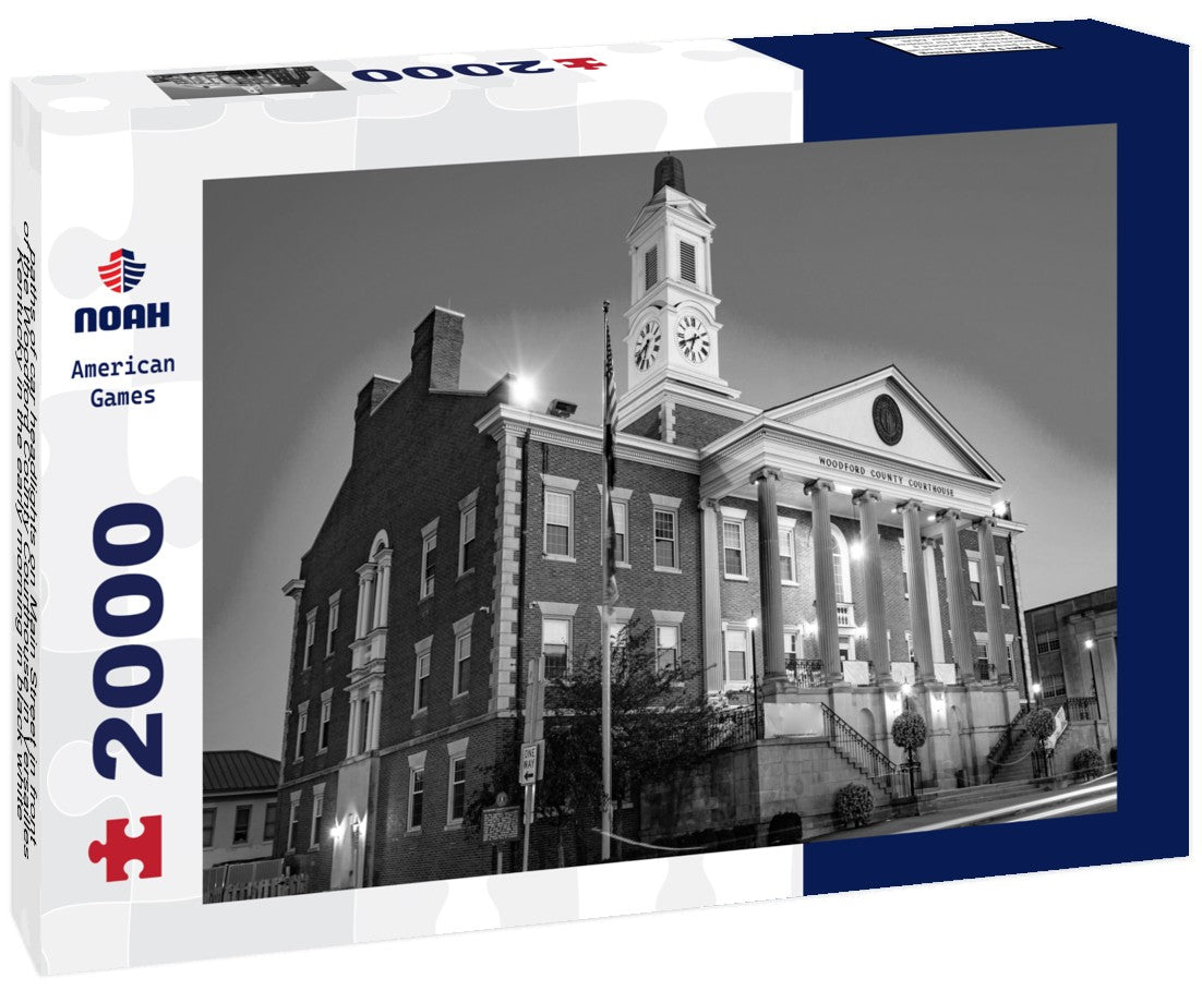 Noah Jigsaw Puzzle paths of car headlights on Main Street in front of the Woodford County Courthouse in Versailles, Kentucky in the early morning in black white 2000 pieces