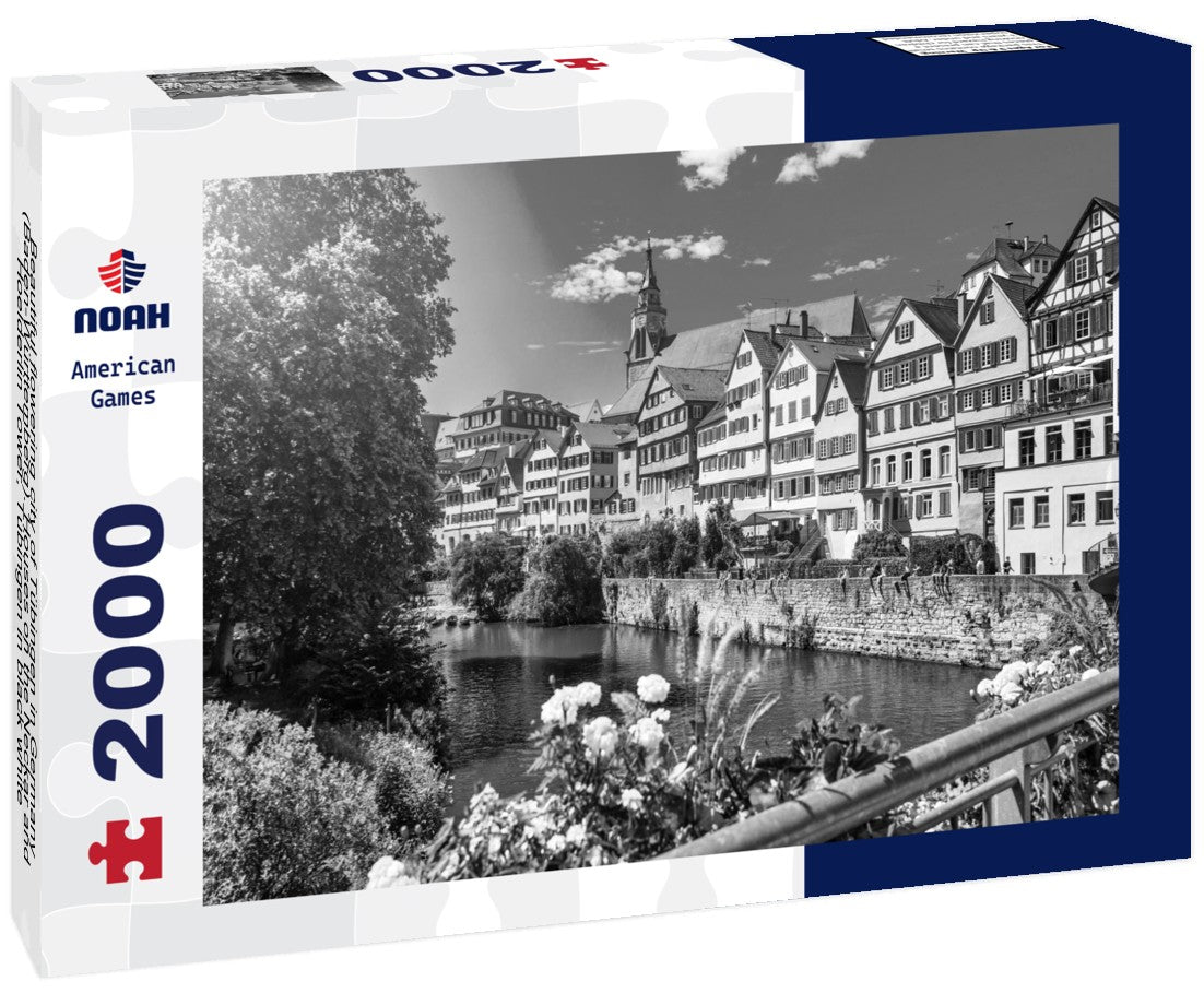Noah Jigsaw Puzzle Beautiful flowering city of Tübingen in Germany (Baden-Württemberg). Houses on the Neckar and Hoelderlin Tower, Tübingen in black white 2000 pieces