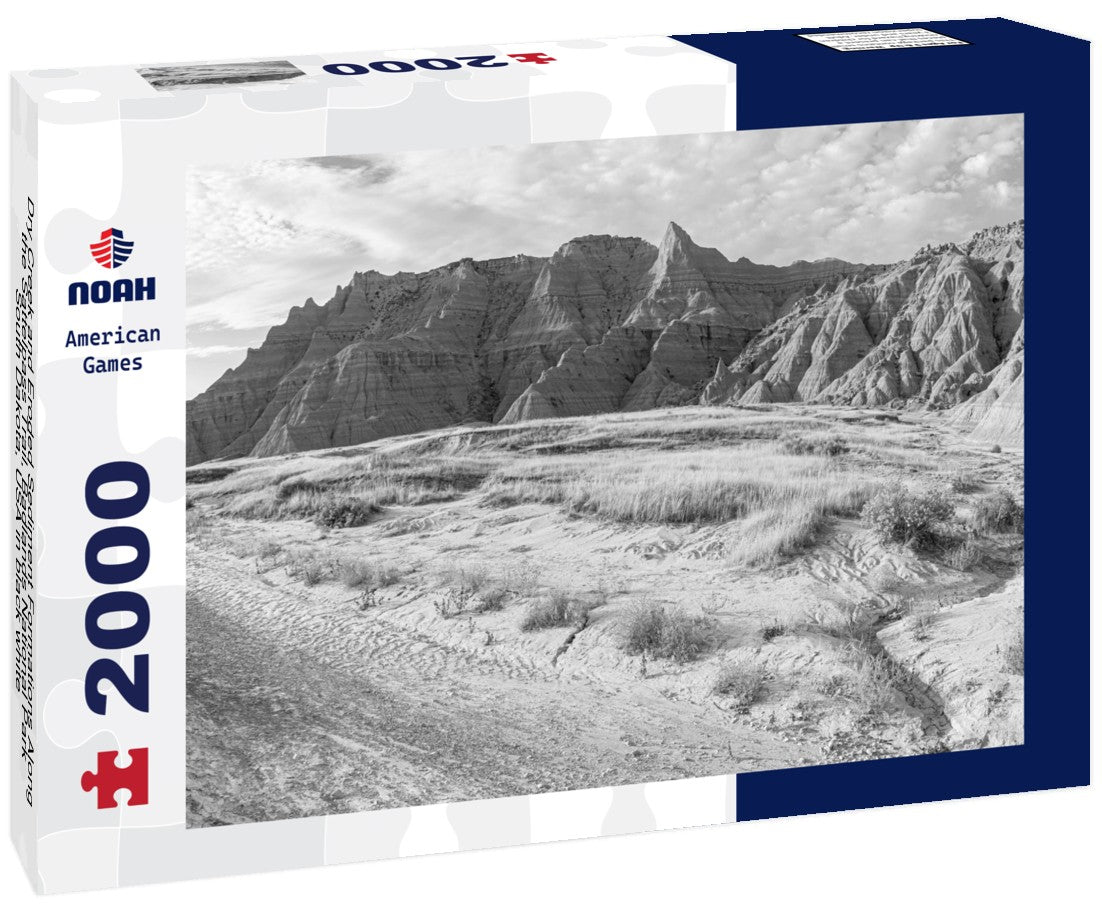 Noah Jigsaw Puzzle Dry Creek and Eroded Sediment Formations Along the Sattelpass Trail, Badlands National Park, South Dakota, USA in black white 2000 pieces