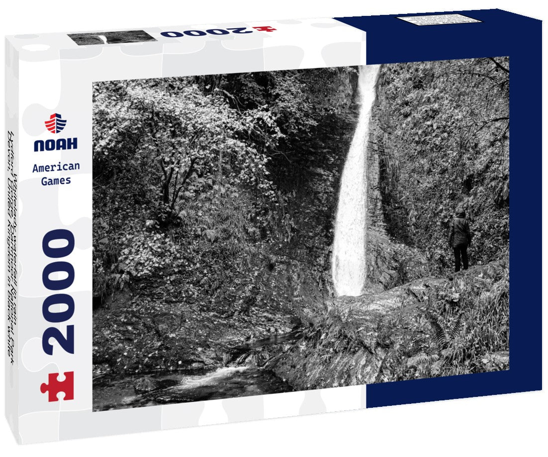 Noah Jigsaw Puzzle Whitelady waterfall in rain - Lydford Gorge, Dartmoor National Park, Devon, United Kingdom in black white 2000 pieces
