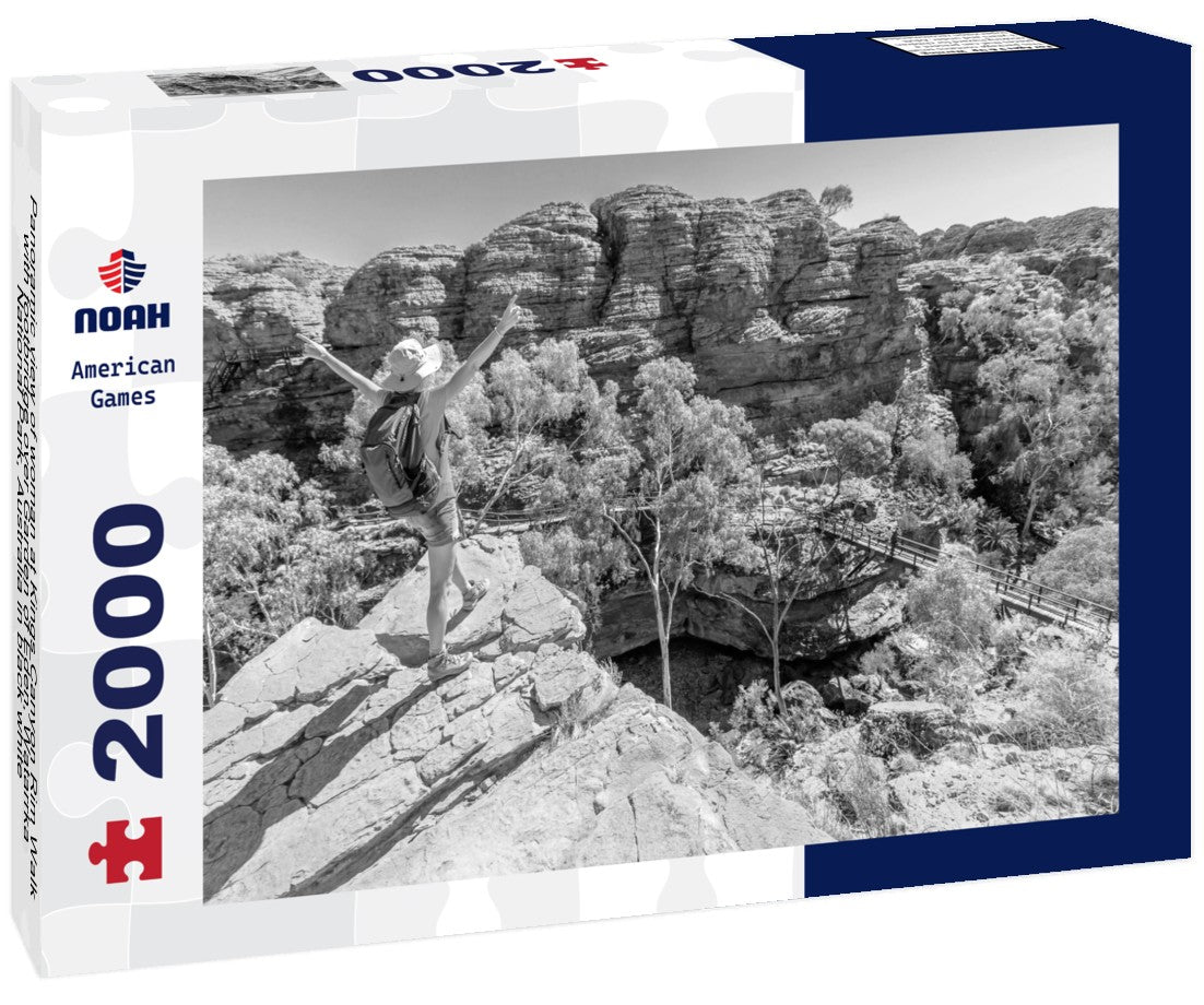 Noah Jigsaw Puzzle Panoramic view of woman at Kings Canyon Rim Walk with footbridge over Garden of Eden, Watarrka National Park, Australia in black white 2000 pieces