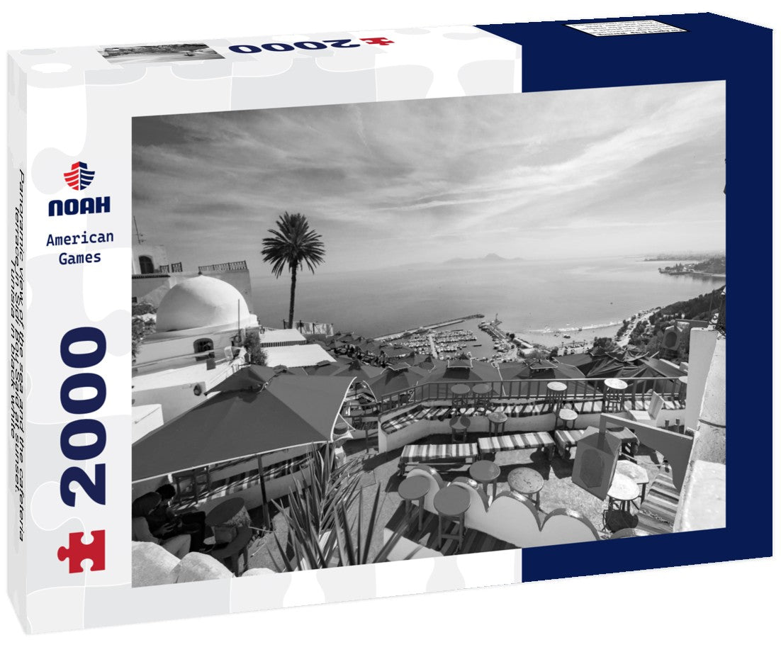 Noah Jigsaw Puzzle Panoramic view of the sea and the cafeteria terrace in Sidi Bou Said at sunset. Tunisia in black white 2000 pieces