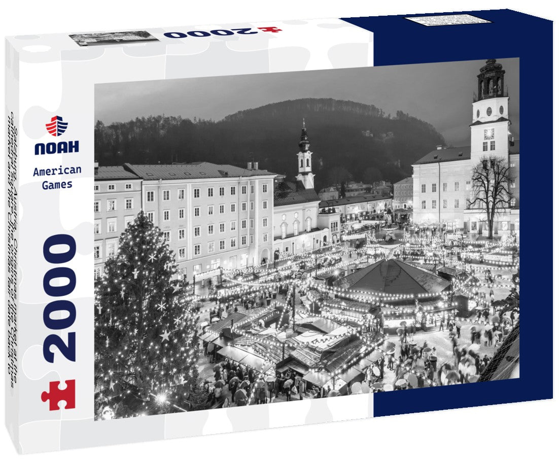Noah Jigsaw Puzzle Salzburg, Austria. Christmas market at the cathedral square, the origins of the Christmas market and the Christmas fair date back to the late 15th century. in black white 2000 pieces