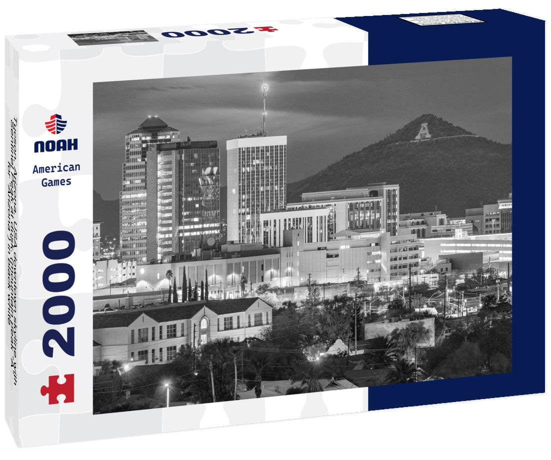 Noah Jigsaw Puzzle Tucson, Arizona, USA downtown skyline with Sentinel Peak at dusk. (mountain peak “A” for “Arizona”) in black white 2000 pieces