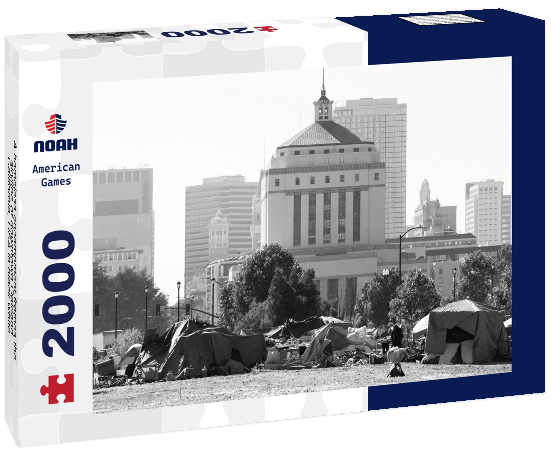 A homeless encampment frames the skyline of downtown Oakland, California, USA 2000pc PuzzleBlack and White