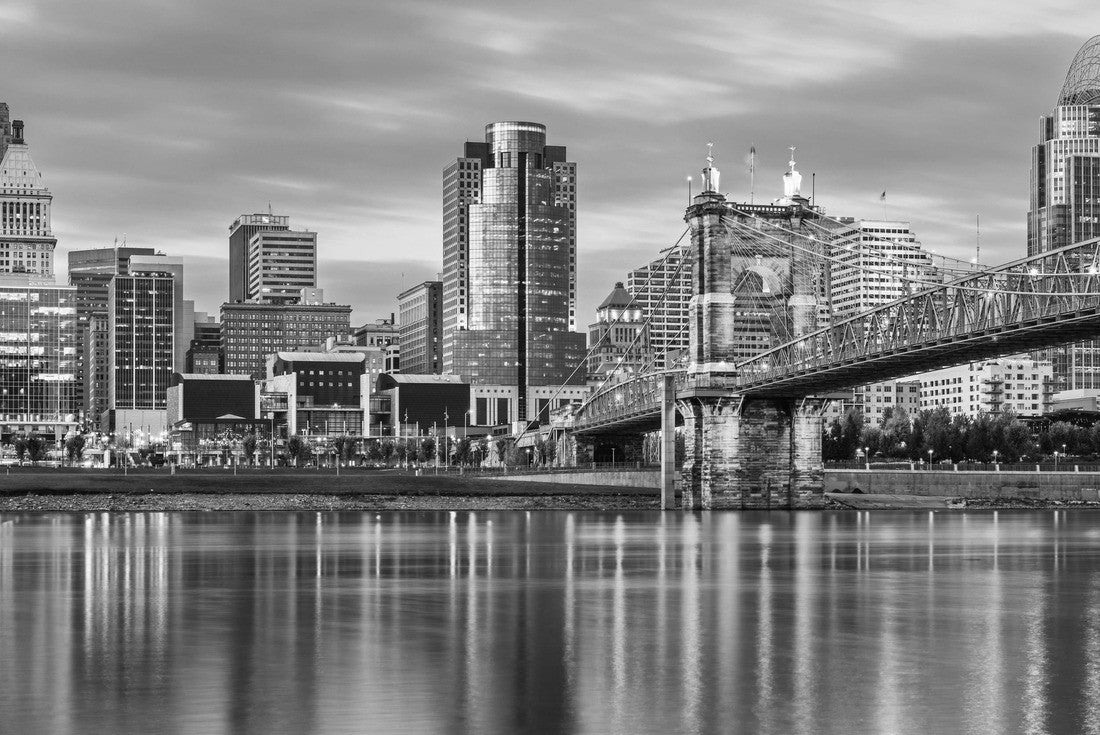 Noah Jigsaw Puzzle Cincinnati, Ohio, USA downtown skyline and bridge on the river at dusk in black white 2000 pieces