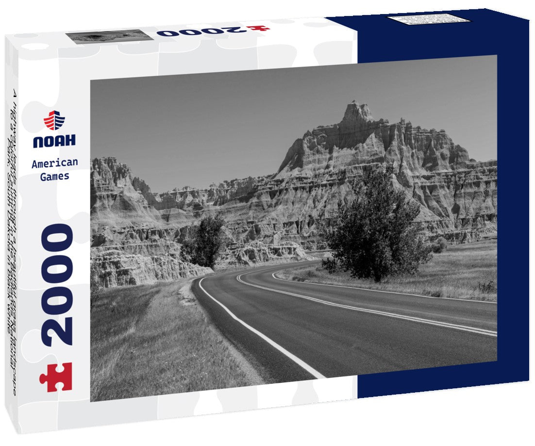 Noah Jigsaw Puzzle A highway leads through a beautiful grass landscape to a colorful summit in the Badlands National Park, South Dakota in black white 2000 pieces