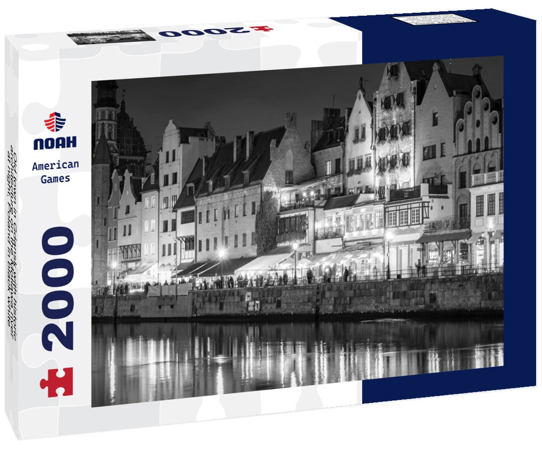 Noah Jigsaw Puzzle Old town in Gdansk with historic architecture on the Motlawa river at night, Poland in black white 2000 pieces