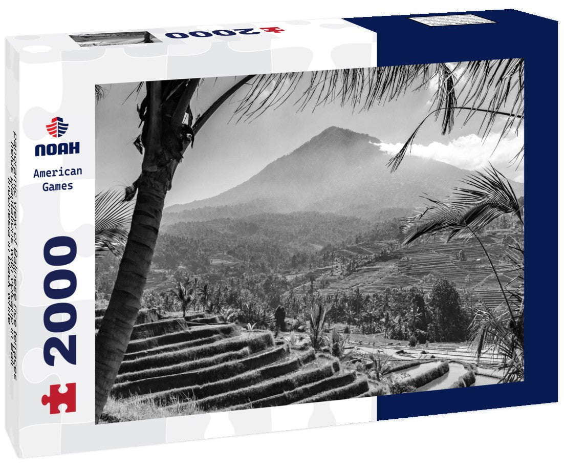 Noah Jigsaw Puzzle panoramic view of Balinese rice terraces fields plantations with volcano in Bali, Indonesia in black white 2000 pieces