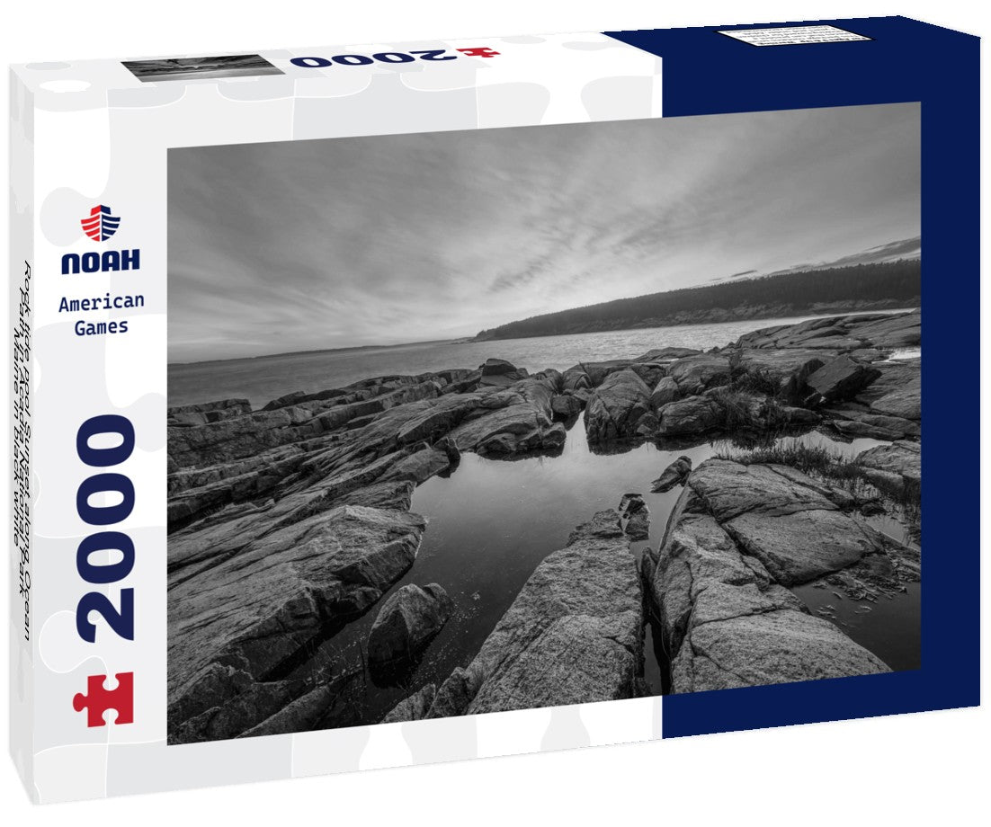 Noah Jigsaw Puzzle Rock tide pool Sunset along Ocean Path in Acadia National Park Maine in black white 2000 pieces