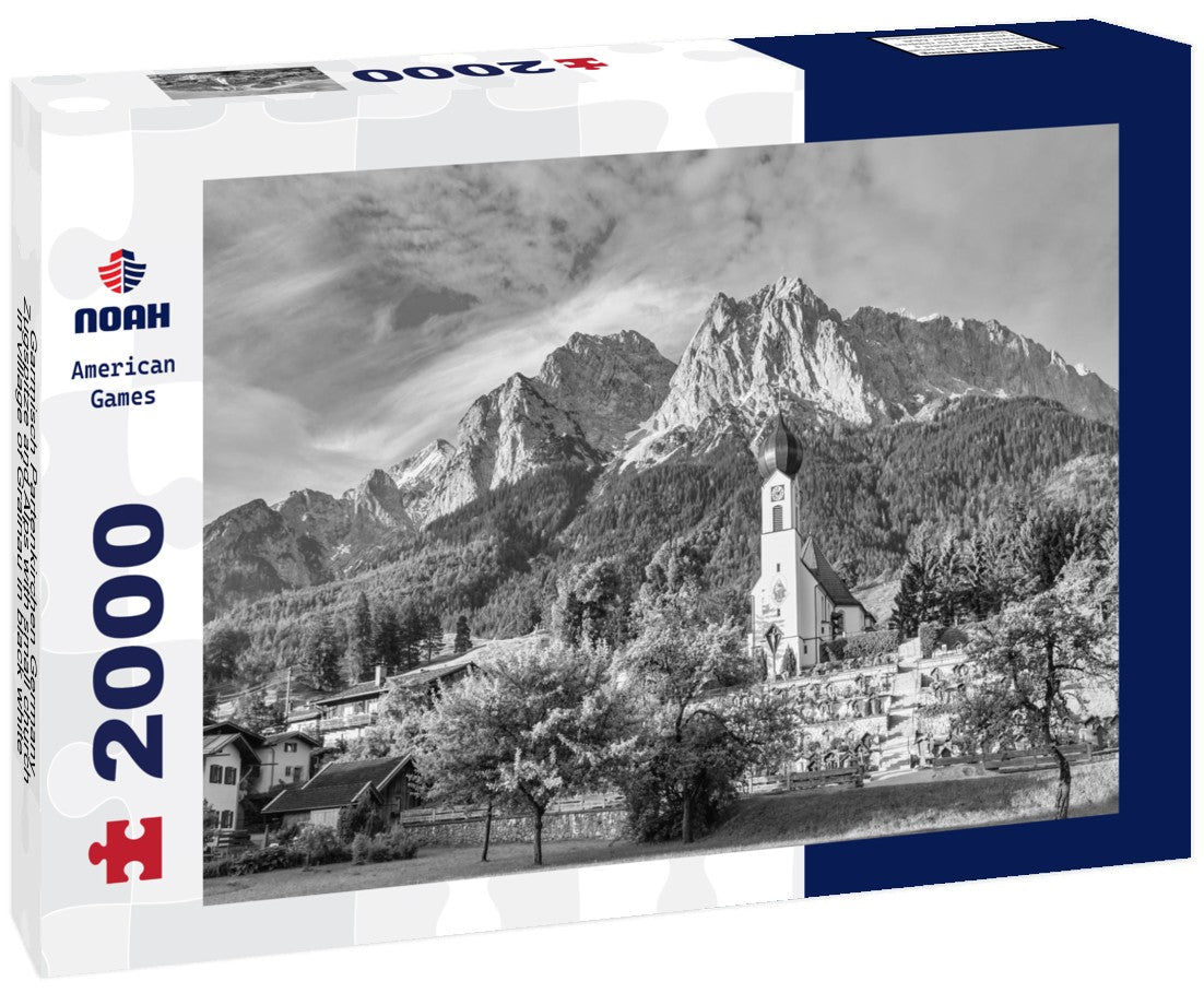Noah Jigsaw Puzzle Garmisch Partenkirchen Germany, Zugspitze and Alps with small church in village of Grainau in black white 2000 pieces