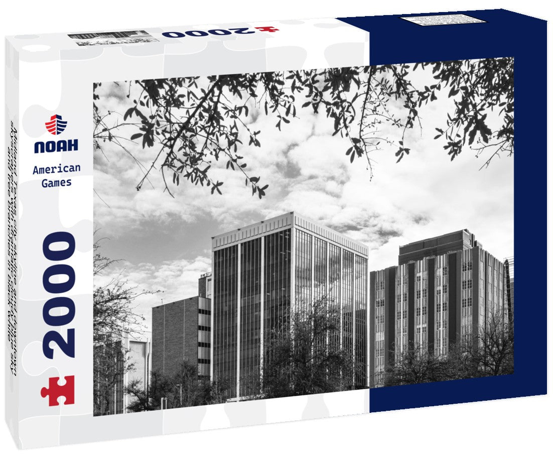 Noah Jigsaw Puzzle Midland Texas city skyline and downtown skyscrapers with dramatic cloudy blue sky and tree branches in black white 2000 pieces