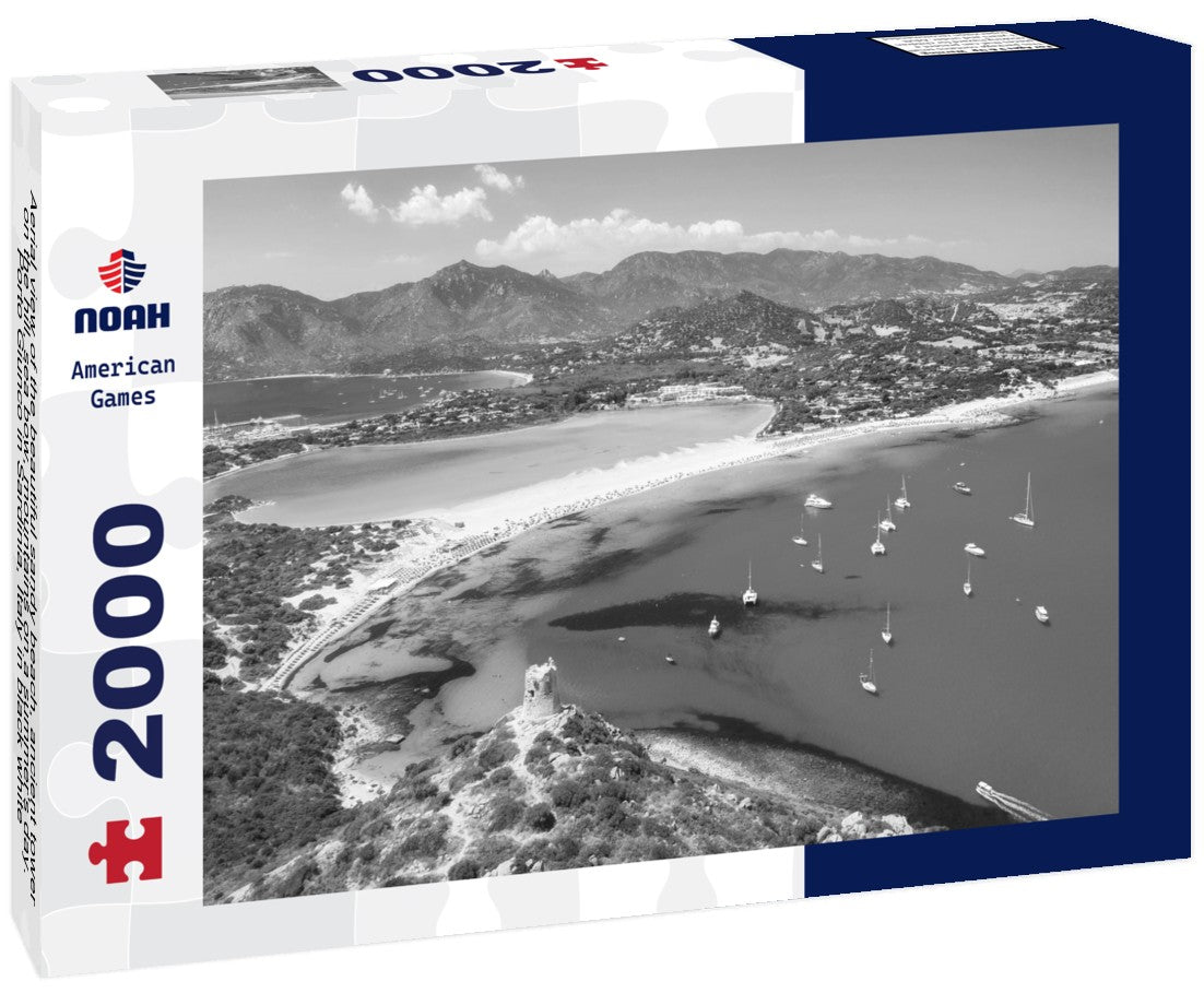 Noah Jigsaw Puzzle Aerial view of the beautiful sandy beach, ancient tower on the hill, sea bow, mountains on a summer's day. Porto Giunco in Sardinia, Italy in black white 2000 pieces