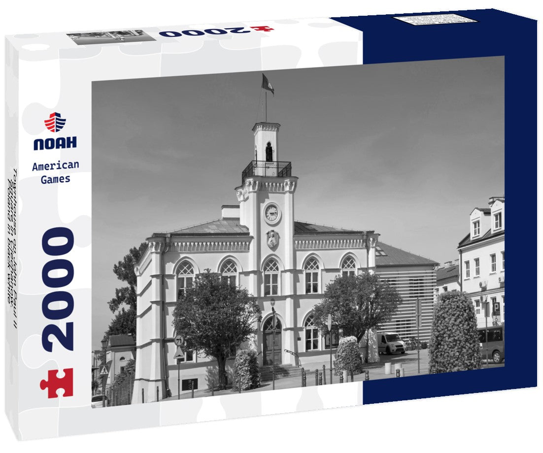 Noah Jigsaw Puzzle Townhouse on John Paul II Square in Ciechanow. Poland in black white 2000 pieces