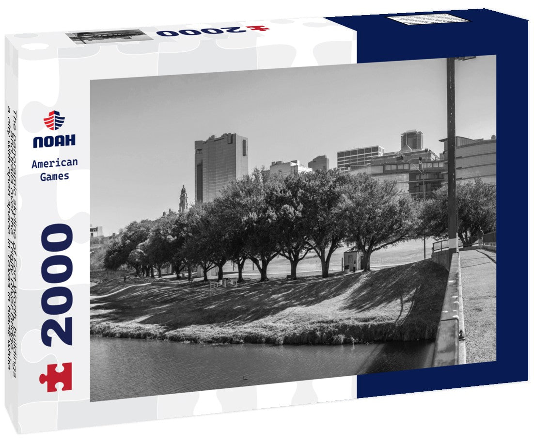 Noah Jigsaw Puzzle The panoramic skyline of Fort Worth, buildings and trails over the Trinity River Bridge, a city with open space in Texas in black white 2000 pieces