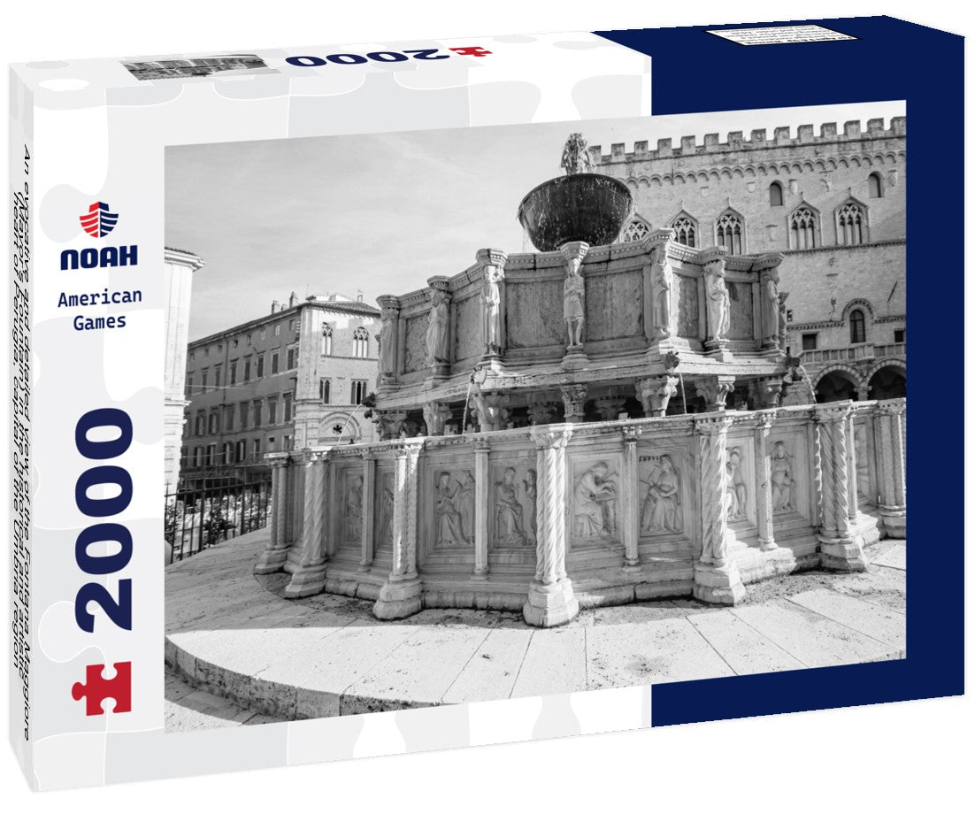 Noah Jigsaw Puzzle An evocative and detailed view of the Fontana Maggiore (Mayor's Fountain) in the historical and artistic heart of Perugia, capital of the Umbria region, in central Italy in black white 2000 pieces