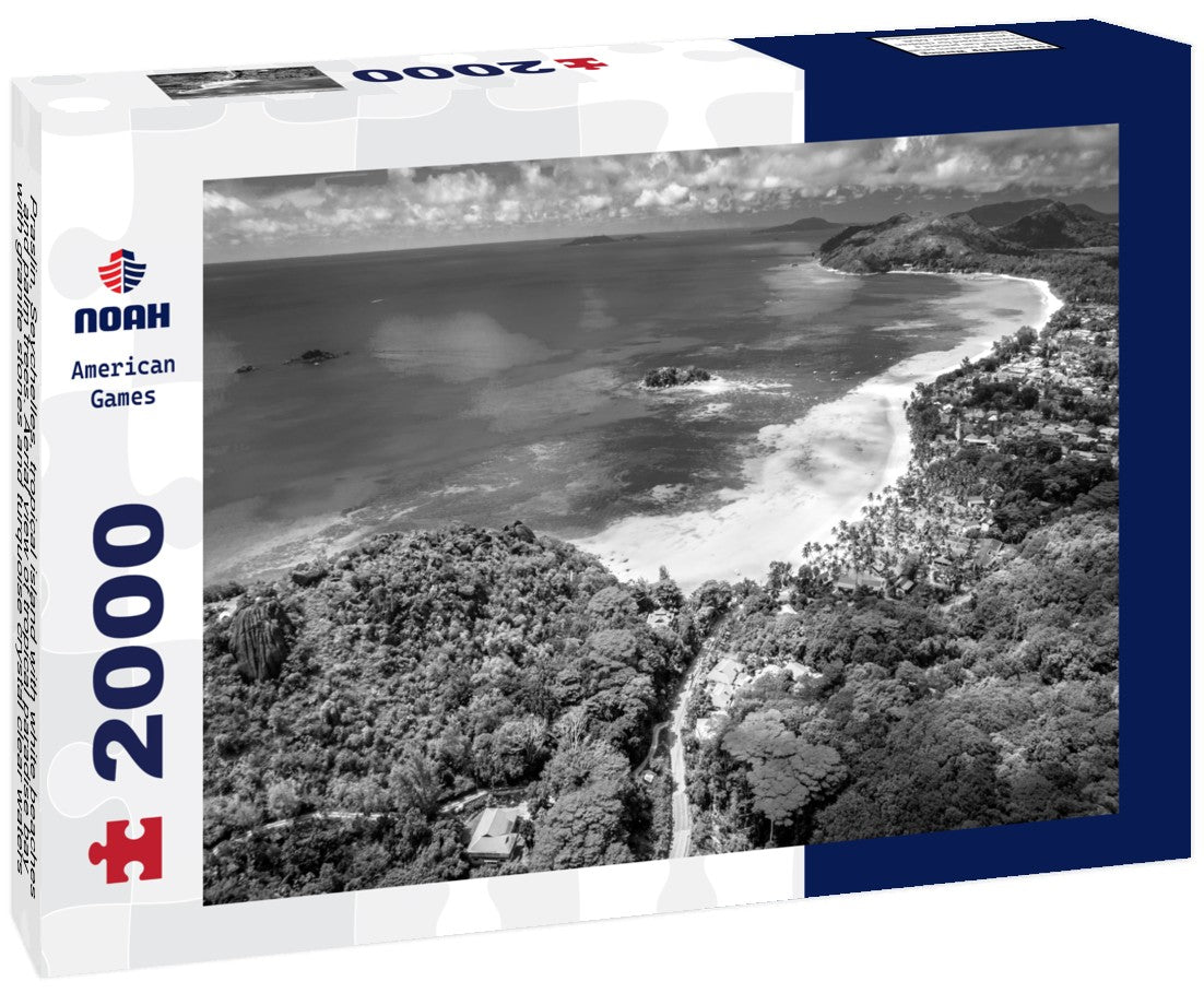 Noah Jigsaw Puzzle Praslin, Seychelles, tropical island with white beaches and palm trees. Aerial view of tropical paradise bay with granite stones and turquoise crystal clear waters of the Indian Ocean. in black white 2000 pieces