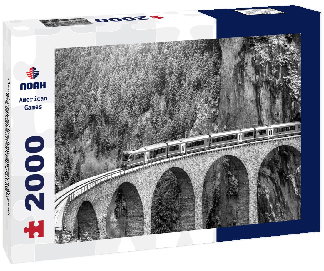 Noah Jigsaw Puzzle Aerial view of the train passing through the famous mountain in Filisur, Switzerland in black white 2000 pieces
