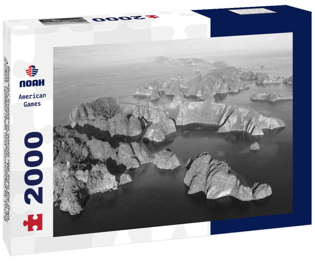 Noah Jigsaw Puzzle Beautiful limestone islands rise from the Raja Ampat, Indonesia, seascape. These islands are ancient, uplifted reefs now surrounded by young, fringing coral reefs in black white 2000 pieces