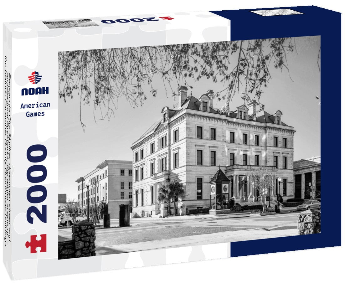 Noah Jigsaw Puzzle Pensacola City Skyline, downtown street and architectural landmarks, the winter scene of the historic Escambia County Courthouse buildings in Florida, USA in black white 2000 pieces