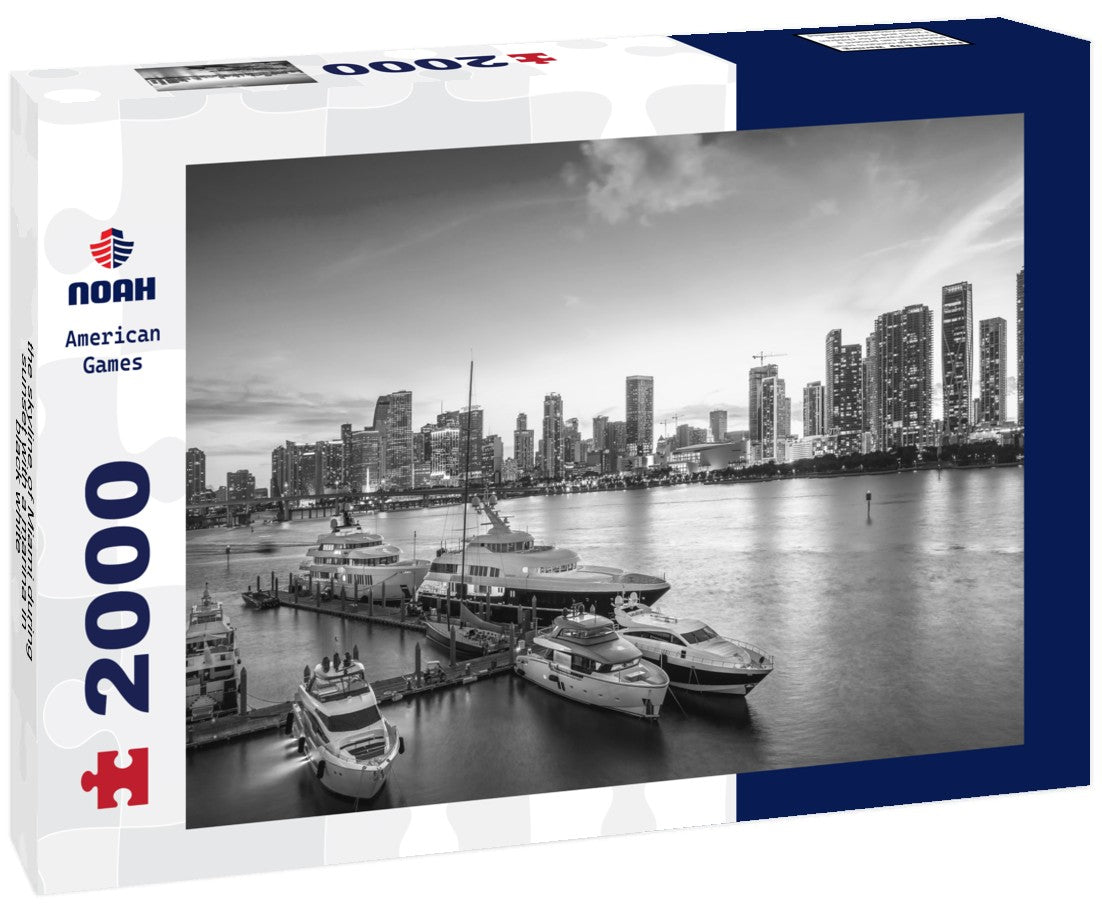 Noah Jigsaw Puzzle the skyline of Miami during sunset with a marina in black white 2000 pieces