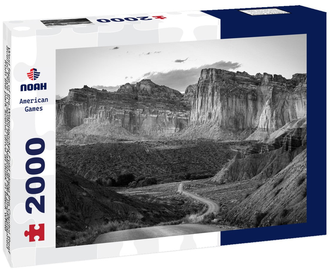 Noah Jigsaw Puzzle West face of the Waterpocket Fold along the Capitol Reef Scenic Drive in Capitol Reef National Park photographed from the park scenic drive at dusk in black white 2000 pieces