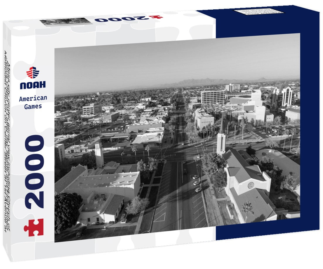 Noah Jigsaw Puzzle Mesa city center aerial view including Church of Jesus Christ of Latter day Saints and First United Methodist Church on Center Street at 1st Avenue at sunset, Mesa, Arizona AZ, USA in black white 2000 pieces