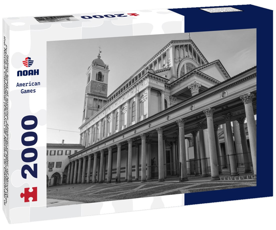 Noah Jigsaw Puzzle Italian town at sunrise. Historic center of Novara, Piazza della Repubblica (Platz della Repubblica) with the Novara Cathedral (Duomo di Novara or Cattedrale di Santa Maria Assunta), Northern Italy in black white 2000 pieces