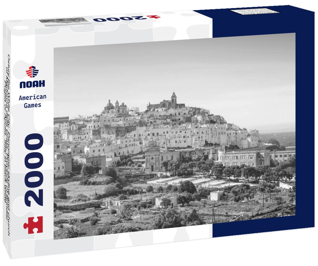 Noah Jigsaw Puzzle Ostuni the White City. Panoramic skyline and church of Madonna della Grata, Province of Brindisi, Puglia or Apulia. Italy in black white 2000 pieces